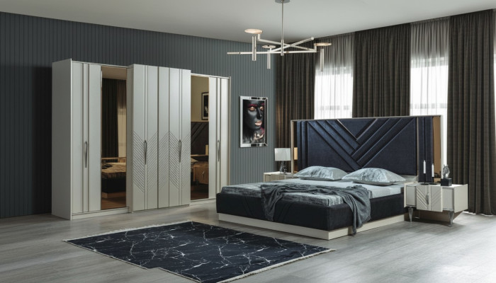 Dormitorio Camas Armario de diseñador Madera Mesitas de noche Conjunto