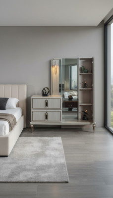 Cómoda exclusiva de madera con espejo de lujo para dormitorio. Muebles elegantes de estilo noble.