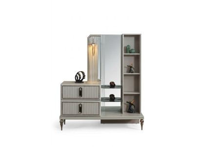 Cómoda exclusiva de madera con espejo de lujo para dormitorio. Muebles elegantes de estilo noble.