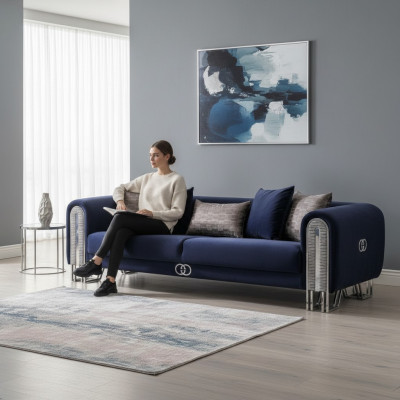 Sofá de lujo tapizado en azul de 240 cm para la sala de estar.