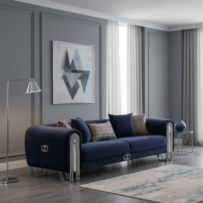 Sofá de lujo tapizado en azul de 240 cm para la sala de estar.