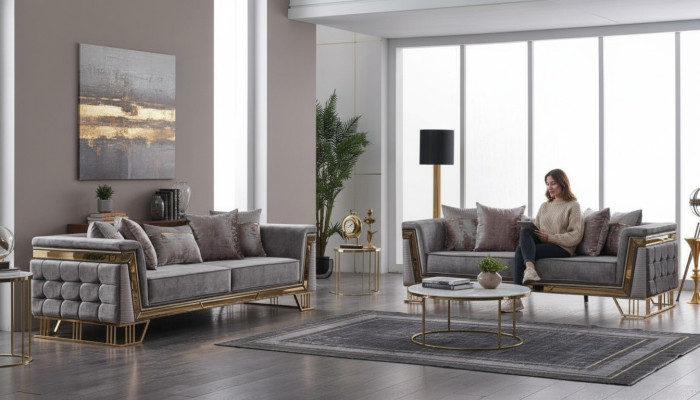 Sofá de lujo Conjunto de diseño Sofá de tres plazas Muebles de tela Grupo de estar moderno