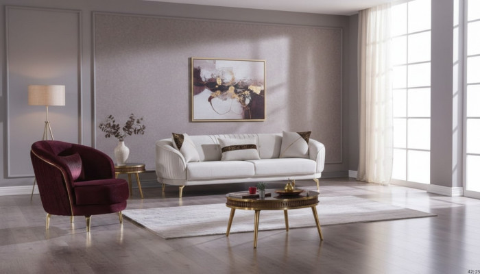 Sofá con patas de acero inoxidable de tres plazas y sillón. Sofá moderno para la sala de estar.