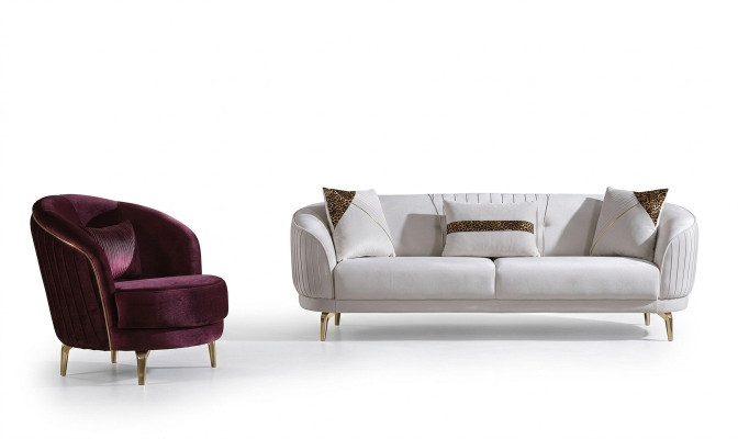 Sofá con patas de acero inoxidable de tres plazas y sillón. Sofá moderno para la sala de estar.