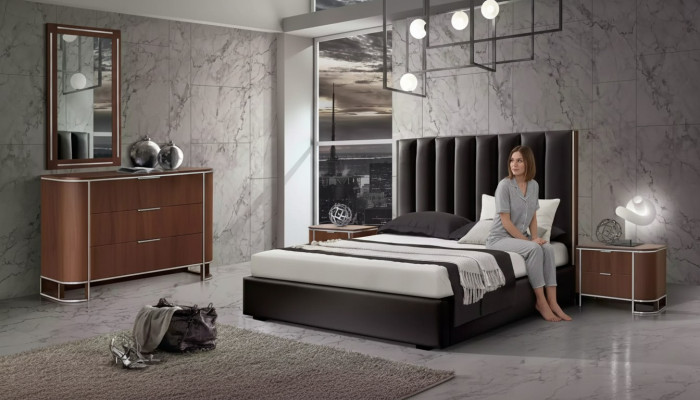 Juego completo de dormitorio, muebles de diseñador, cama doble, 2 mesitas de noche, 5 piezas.