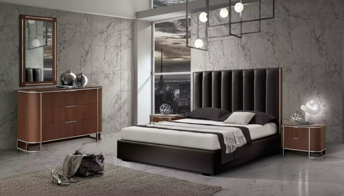 Juego completo de dormitorio, muebles de diseñador, cama doble, 2 mesitas de noche, 5 piezas.