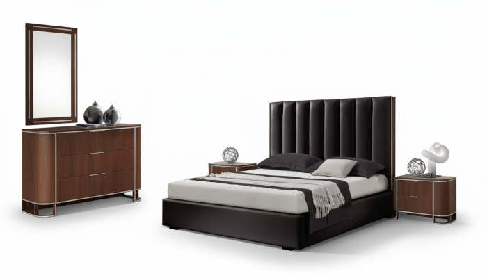 Juego completo de dormitorio, muebles de diseñador, cama doble, 2 mesitas de noche, 5 piezas.