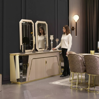 Moderno conjunto de comedor, mesa de comedor, aparador con espejo nuevo, mobiliario de lujo nuevo.