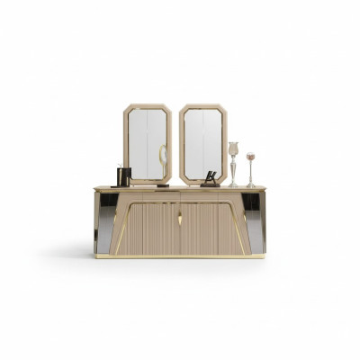 Moderno conjunto de comedor, mesa de comedor, aparador con espejo nuevo, mobiliario de lujo nuevo.