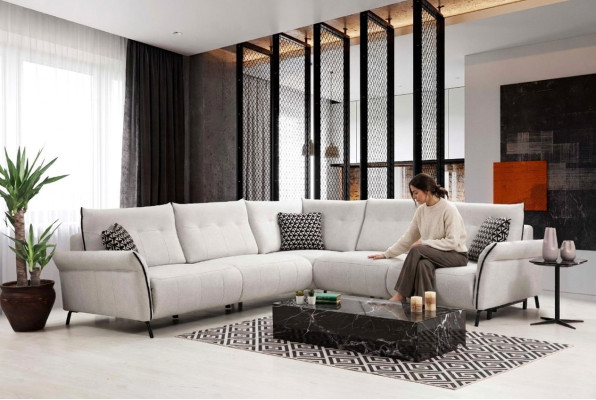 Sofá de salón en forma de L diseño moderno textil tela lujo sofá mueble tapizado