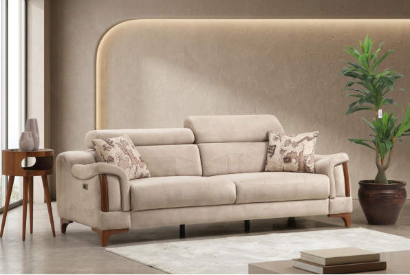 Sofá de tres plazas diseño moderno para salón en textil acolchado.