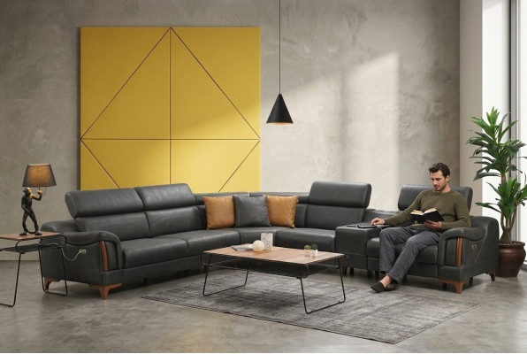 Sofá esquinero de lujo en forma de L, nuevo, mueble de diseño moderno para sala de estar en textil.