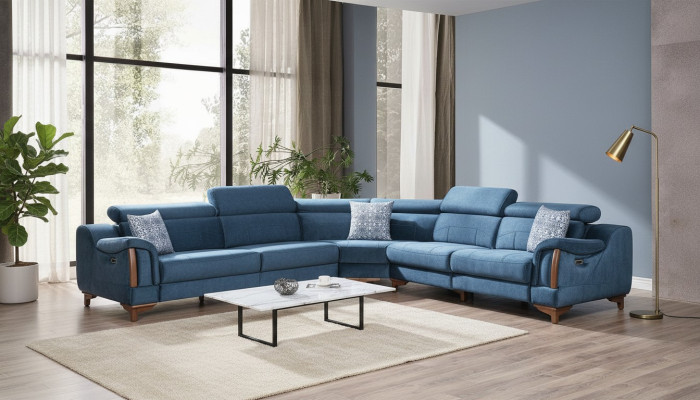 Sofá en forma de L moderno azul, sofá esquinero salón diseño nuevo mueble.