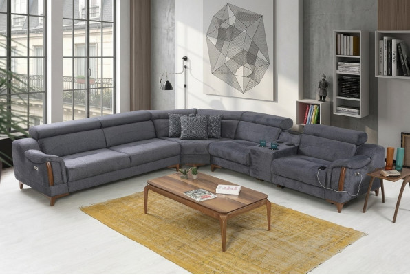 Sofá de esquina gris de lujo para salón moderno en forma de L diseño de muebles textiles.