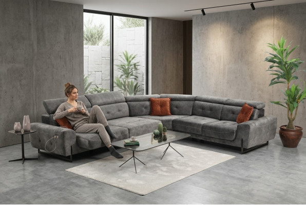 Sofá de esquina gris de diseñador para sala de estar, sofá, sofá en forma de L, tapizado de lujo, muebles modernos.