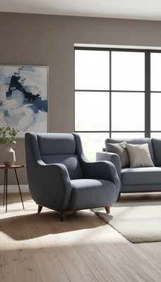 Silla gris moderna para la sala de estar con tapizado textil y diseño de muebles.