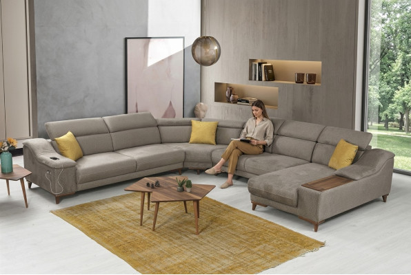 Sofá en forma de U Sala de estar Sofá de esquina Muebles tapizados modernos Tapicería en tela Diseño