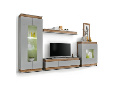 Moderna pared de madera gris marrón con soporte para TV 2x vitrinas diseño de lujo
