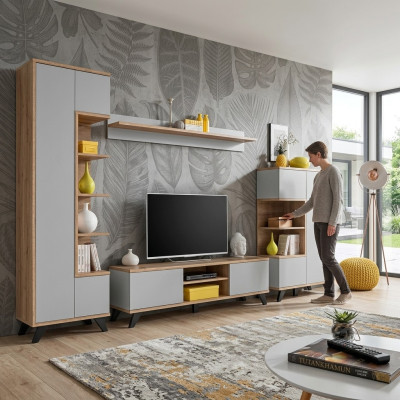 Juego de sala: estantería, soporte de TV, estante de pared, paredes de sala, conjunto de muebles de madera de 4 piezas.