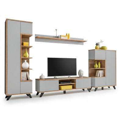 Juego de sala: estantería, soporte de TV, estante de pared, paredes de sala, conjunto de muebles de madera de 4 piezas.