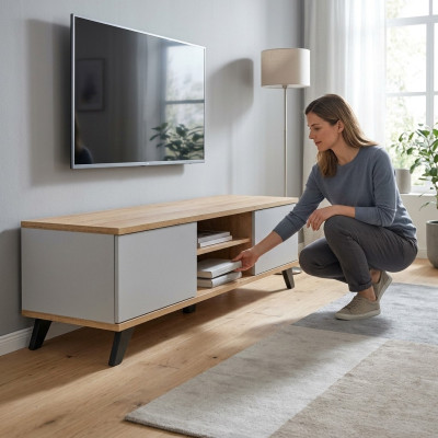 Soporte de TV de lujo para sala de estar. Mueble de diseñador moderno de madera. Aparador nuevo.