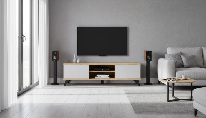 Soporte de TV de lujo para sala de estar. Mueble de diseñador moderno de madera. Aparador nuevo.