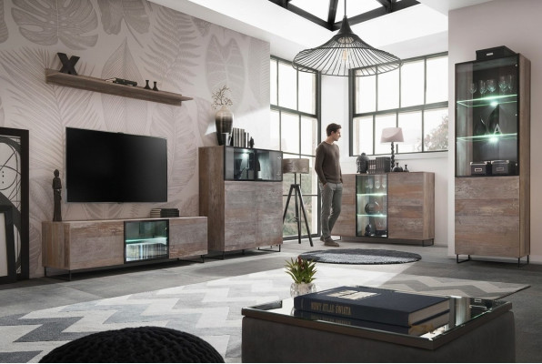 Diseño de pared de televisión, soporte de televisión, 2x vitrina, mueble bajo RTV, juego de mobiliario de 5 piezas.