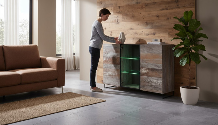 Cómoda de madera para la sala de estar. Mueble de madera. Diseño moderno y nuevo.