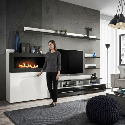 Mueble de salón con soporte para la TV, cómoda con chimenea integrada, muebles de diseñador modernos.