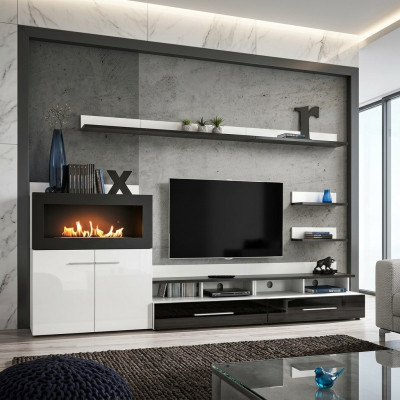 Mueble de salón con soporte para la TV, cómoda con chimenea integrada, muebles de diseñador modernos.