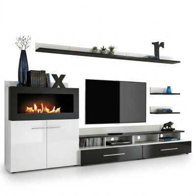 Mueble de salón con soporte para la TV, cómoda con chimenea integrada, muebles de diseñador modernos.