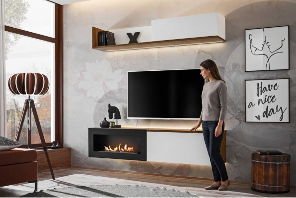 Soporte de TV para sala de estar con chimenea, estantería mural de pared, muebles de madera nuevos.