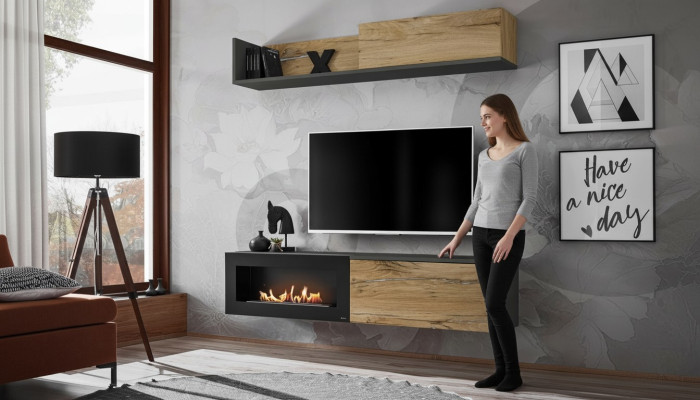 Mueble de salón con estantería para televisión en madera moderna de color marrón con chimenea.