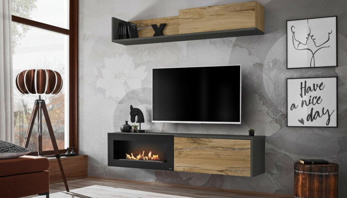 Mueble de salón con estantería para televisión en madera moderna de color marrón con chimenea.