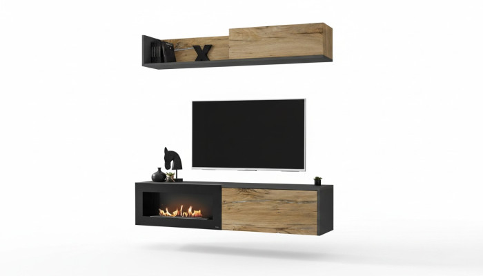 Mueble de salón con estantería para televisión en madera moderna de color marrón con chimenea.