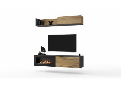 Mueble de salón con estantería para televisión en madera moderna de color marrón con chimenea.