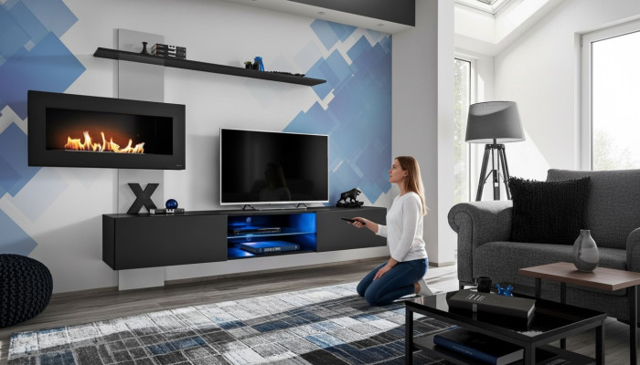 Mueble de salón negro con chimenea, diseño moderno, mueble de TV.