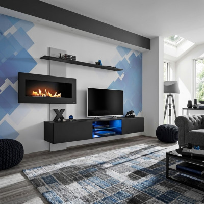 Mueble de salón negro con chimenea, diseño moderno, mueble de TV.