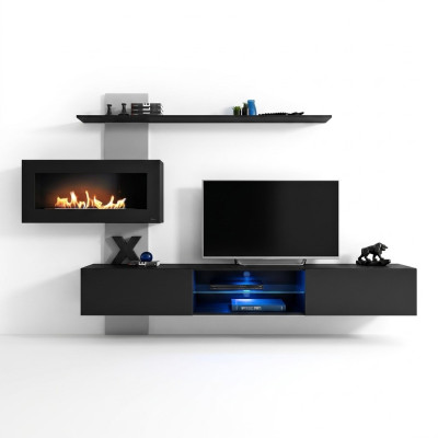 Mueble de salón negro con chimenea, diseño moderno, mueble de TV.