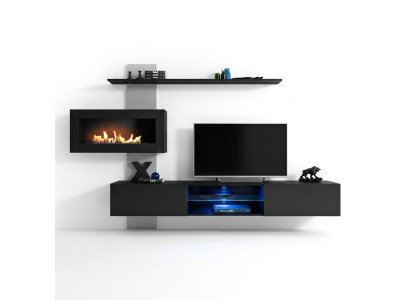 Mueble de salón negro con chimenea, diseño moderno, mueble de TV.