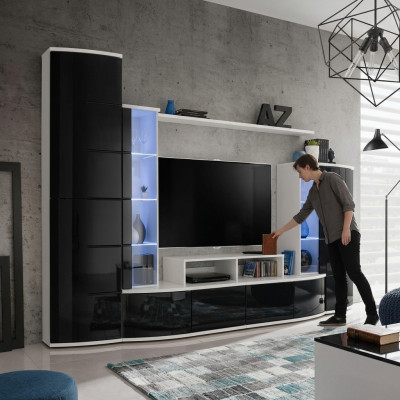 Mueble de salón de lujo en negro, conjunto de salonera con vitrina y soporte para TV, muebles de madera nuevos.