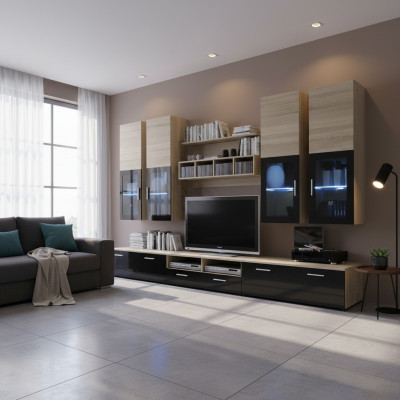 Sala de estar completa con diseño de soporte para TV, armario de pared, mueble de lujo, decoración de pared de sala, nuevo.