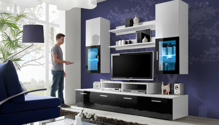 Mueble de pared completo, soporte de TV de lujo, armario de pared, mobiliario moderno y diseño de diseñador.