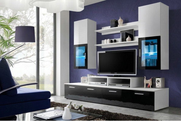 Mueble de pared completo, soporte de TV de lujo, armario de pared, mobiliario moderno y diseño de diseñador.