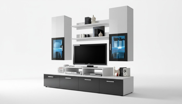 Mueble de pared completo, soporte de TV de lujo, armario de pared, mobiliario moderno y diseño de diseñador.