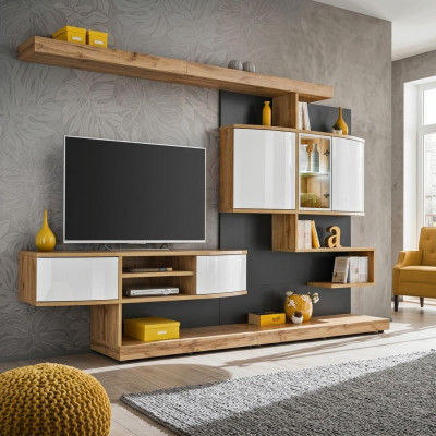 Mueble de pared marrón de lujo para sala de estar, diseño de sala de estar, soporte de TV de diseñador, muebles nuevos.