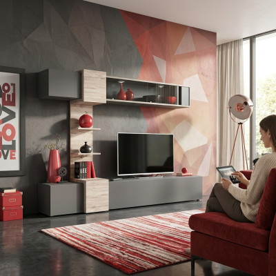 Conjunto de pared moderna de diseñador para sala de estar con estantes grises y soporte para TV