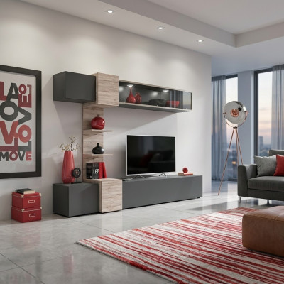 Conjunto de pared moderna de diseñador para sala de estar con estantes grises y soporte para TV