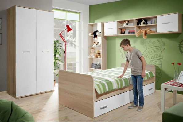 Habitación infantil completa con cama, armario, estantería de libros y estante de pared, juego de 5 piezas.