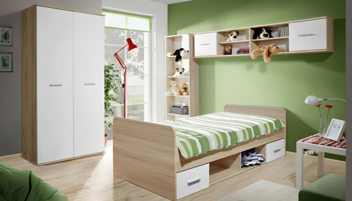 Habitación infantil completa con cama, armario, estantería de libros y estante de pared, juego de 5 piezas.